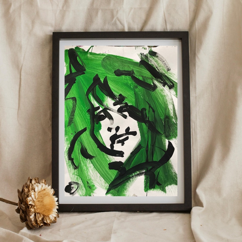 OMAN Dolly Parton Abstract Pop Art Portrait Painting 8.5x11 Paper Green Black